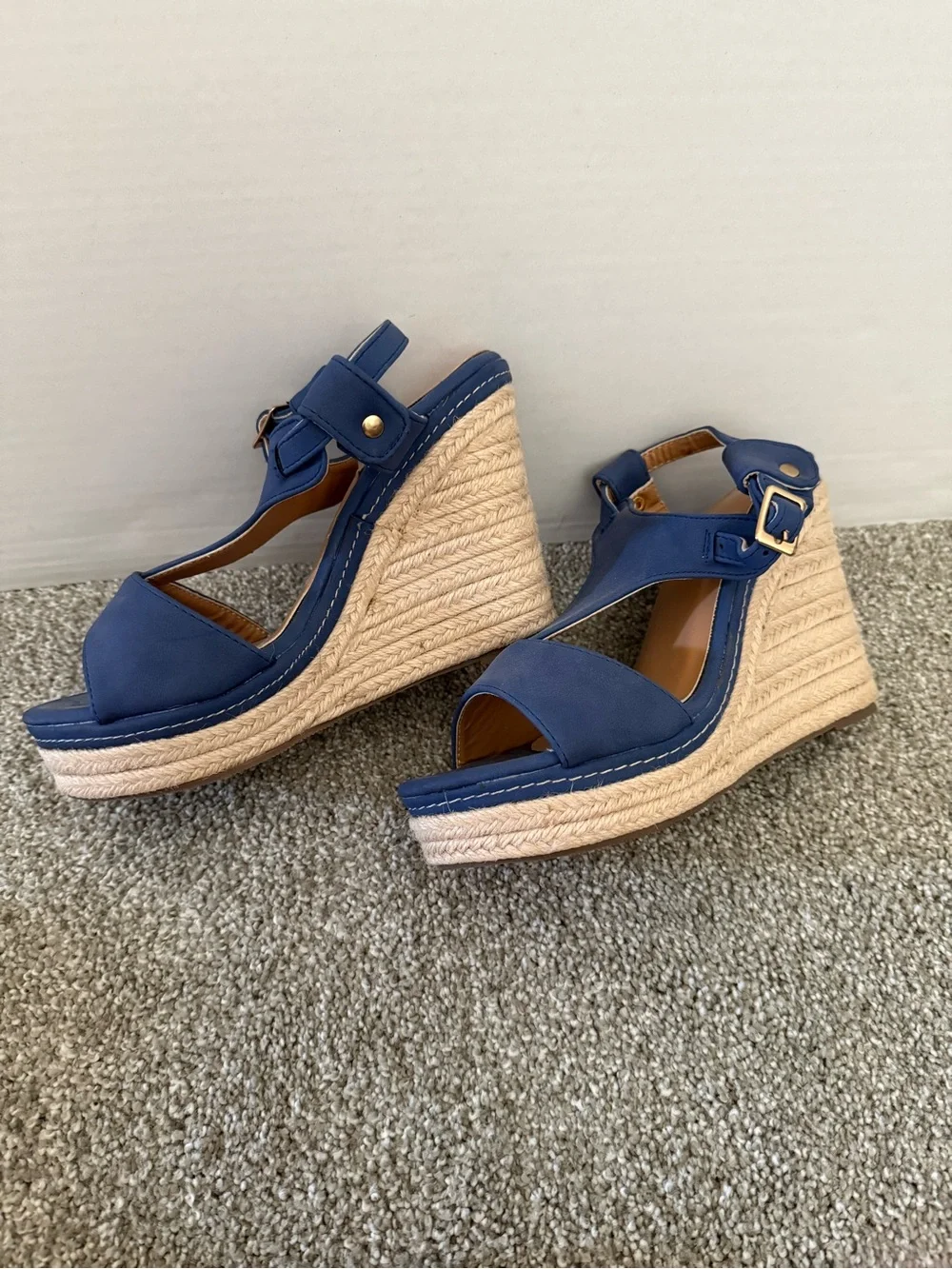 Women's Gray Blue Wedge Espadrille Sandals with Ankle Strap